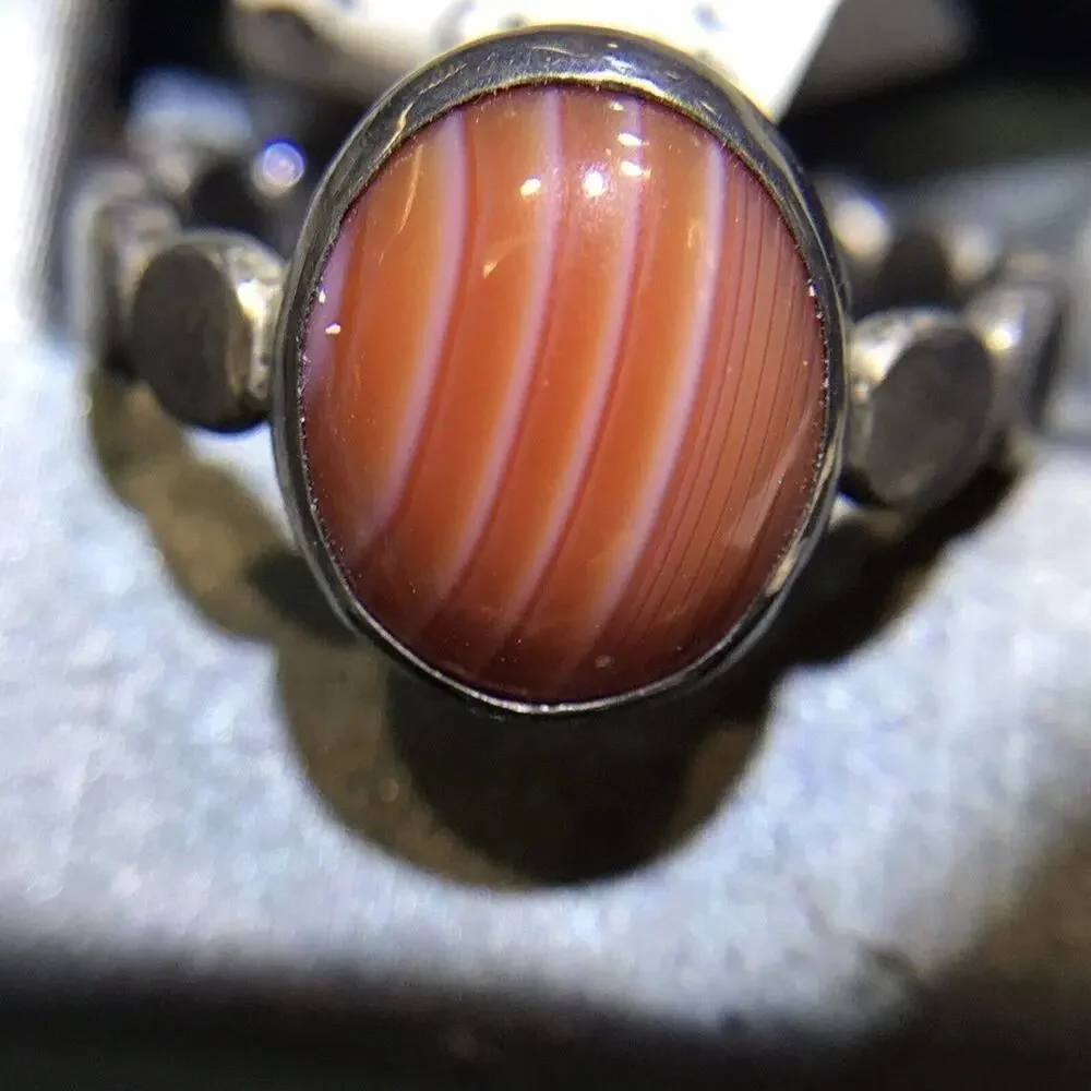 Orange Stripe Agate (Natural) Ring Round Sz7.25 Bezel Set Silver 925 Design Band